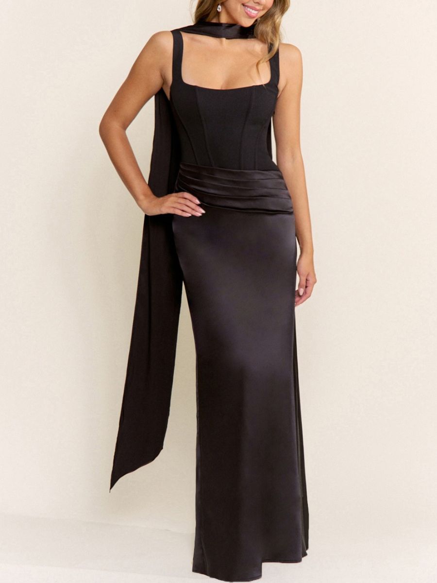 Ceebee Satin Drape Waist Dress with Scarf