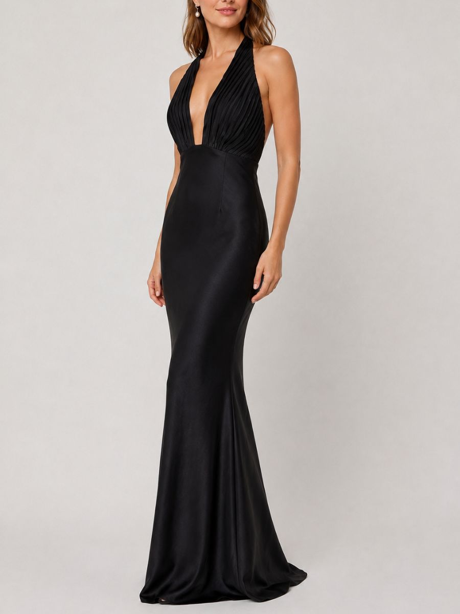 Mackenzie V-Neck Pleated Satin Maxi Dress