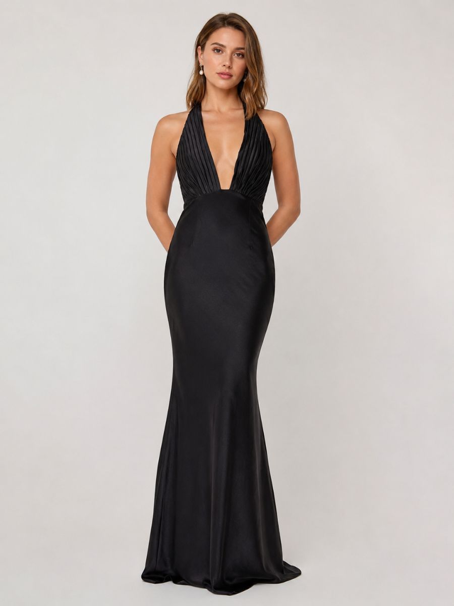 Mackenzie V-Neck Pleated Satin Maxi Dress