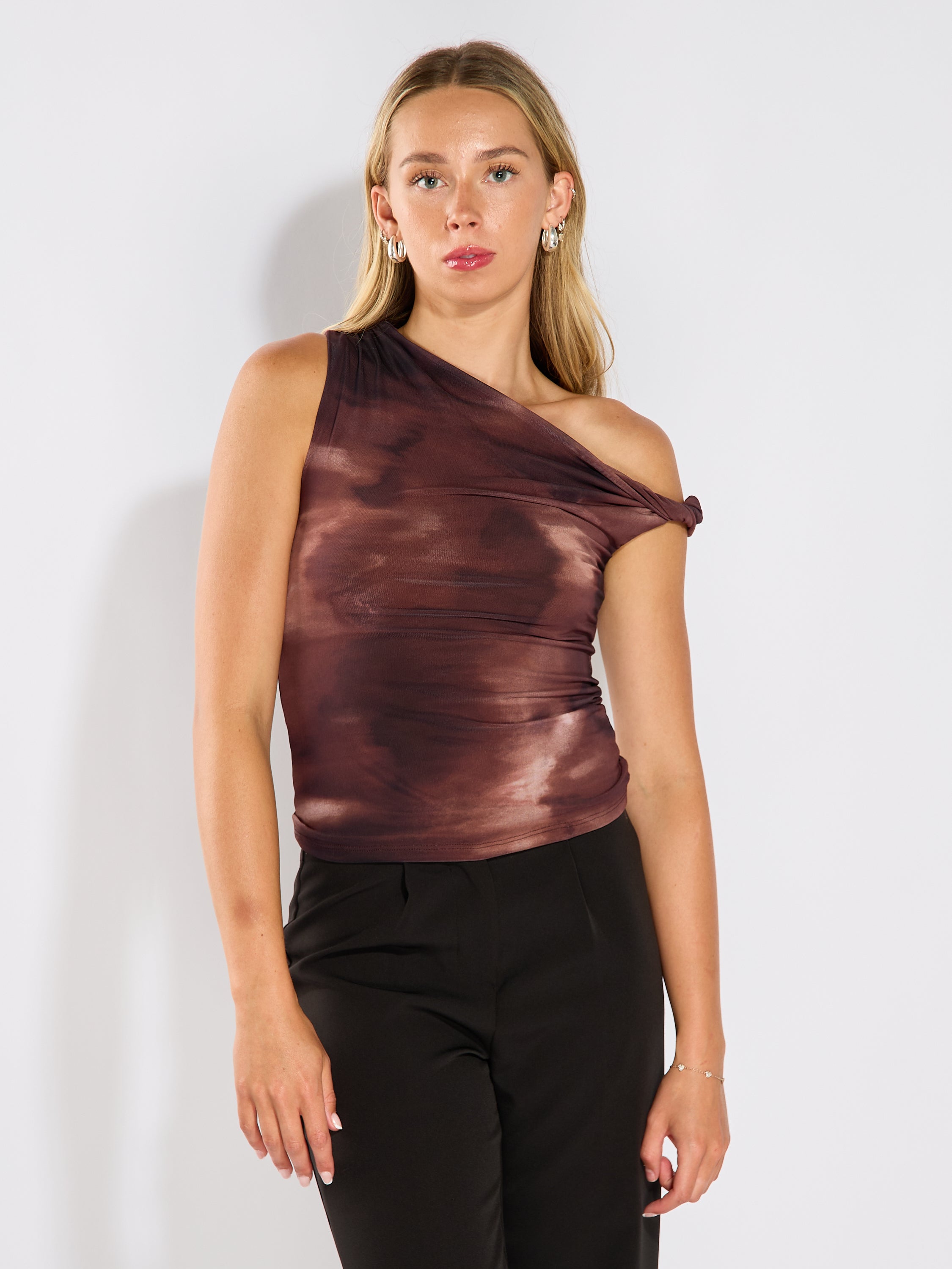 Veda Printed Twist Shoulder Top
