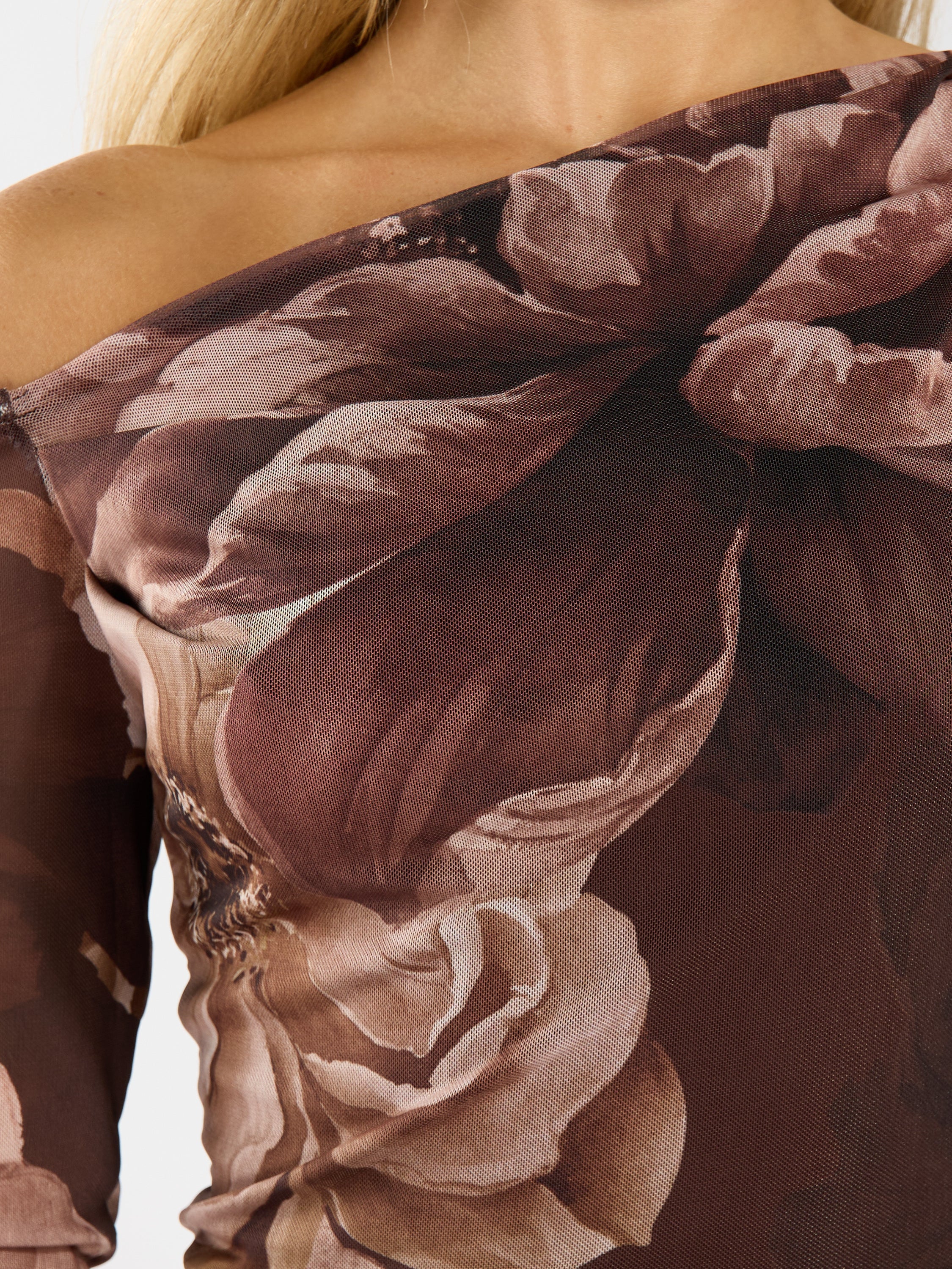 Aiko Mesh Print Off-the-Shoulder Long Sleeve Top