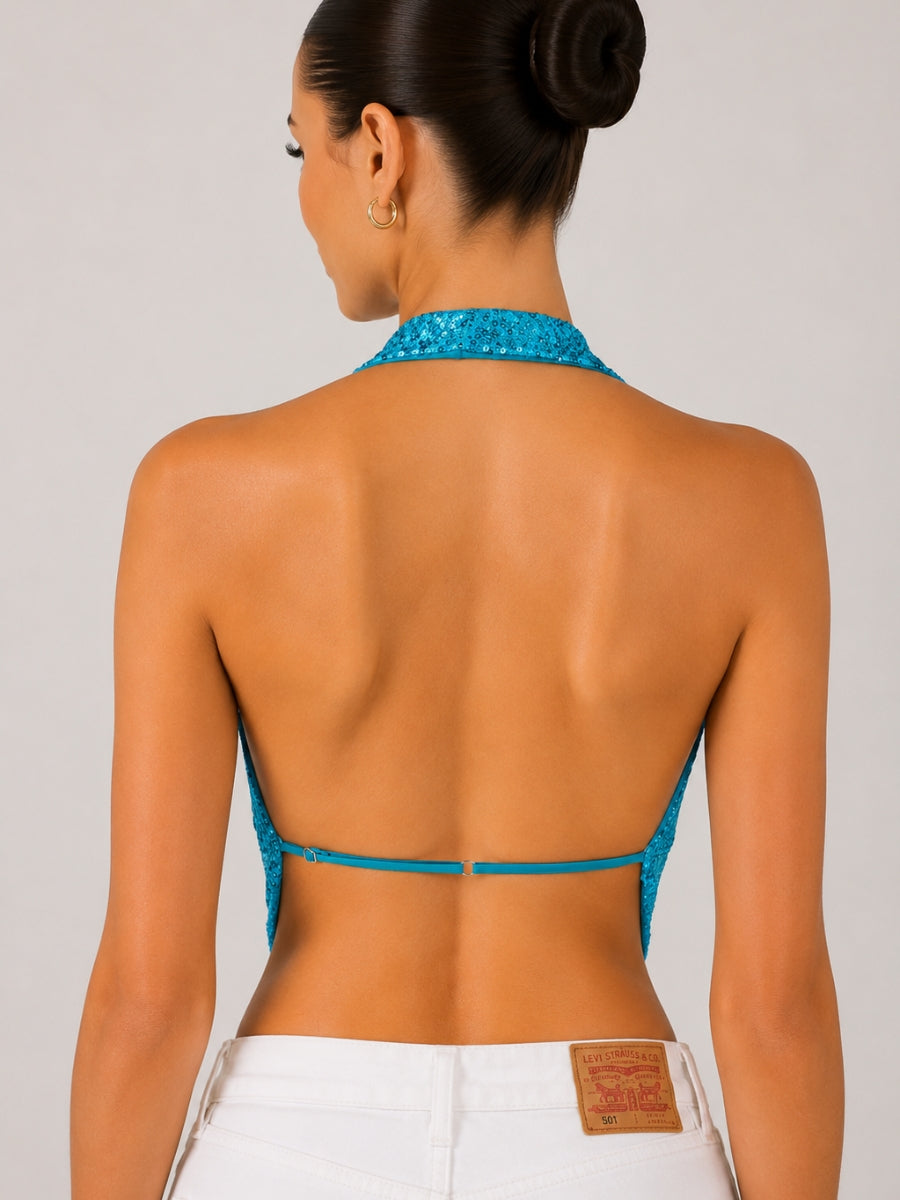 Havanah Sequin Deep Halter Top