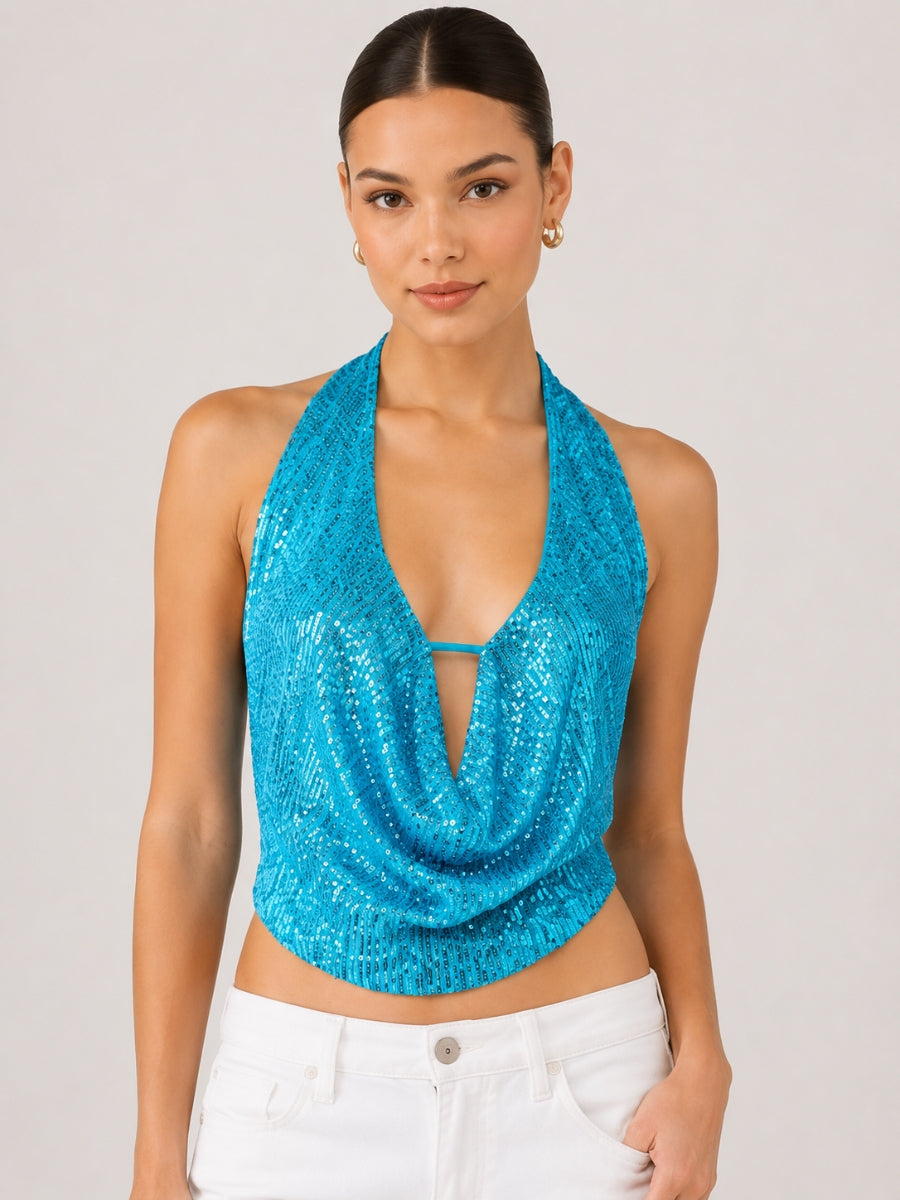 Havanah Sequin Deep Halter Top