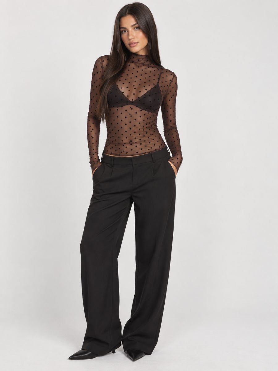 Stefano Mesh Flocked Polka-Dot Top