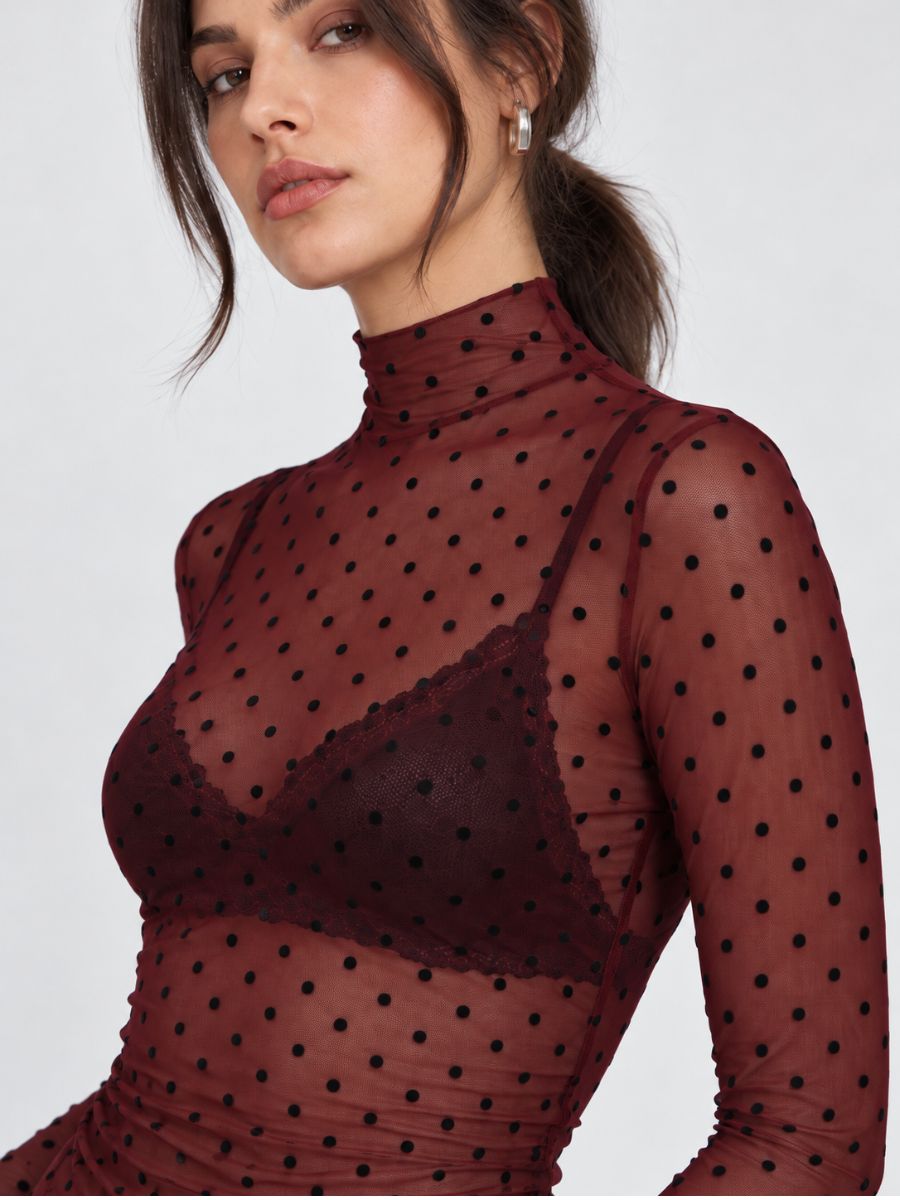 Stefano Mesh Flocked Polka-Dot Top