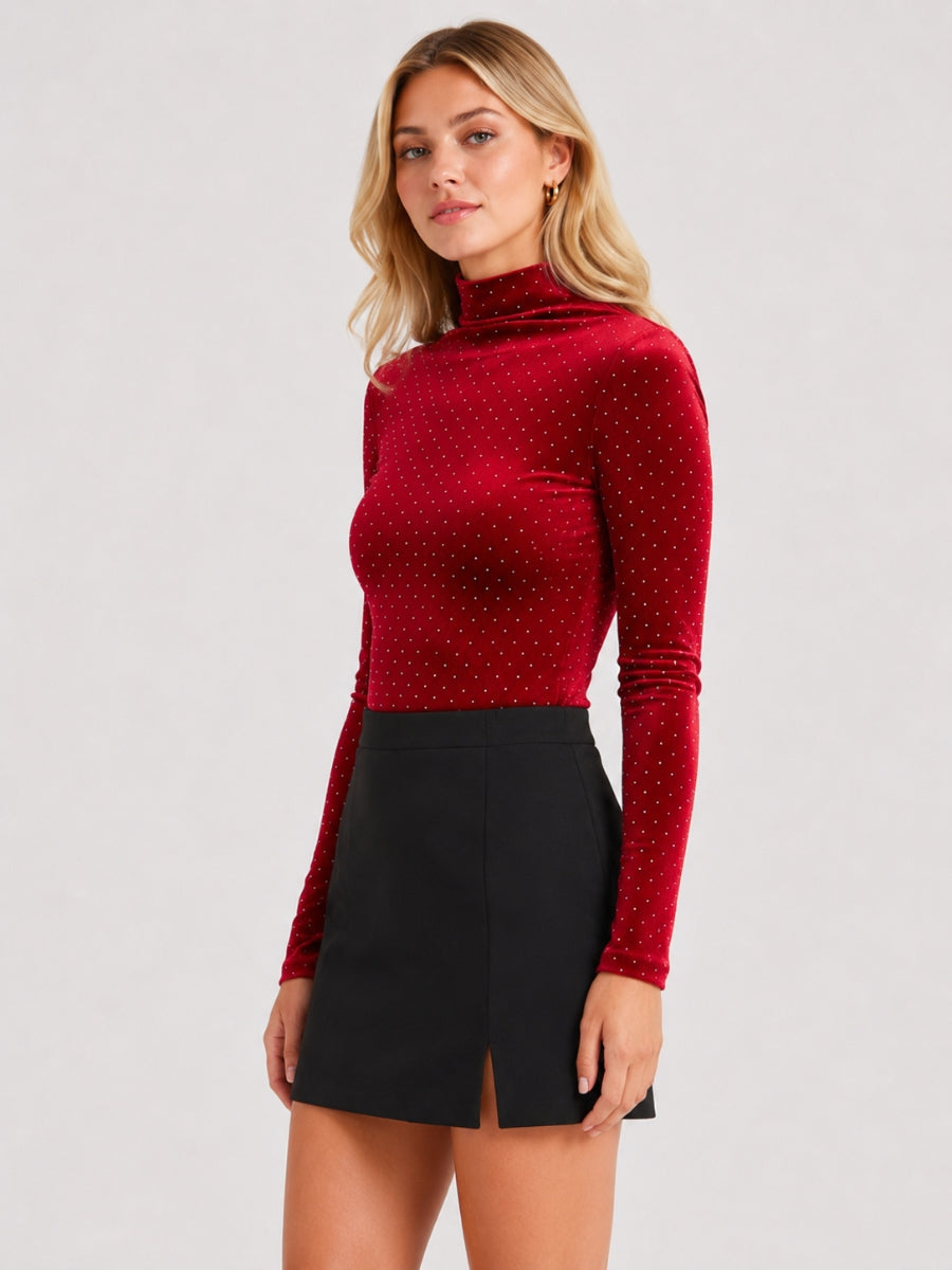 Velvet & Rhinestone Long Sleeve Bodysuit