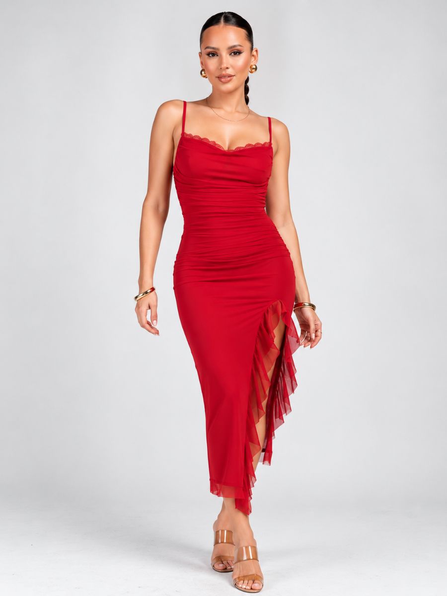 Promise Mesh Ruffle Midi Dress