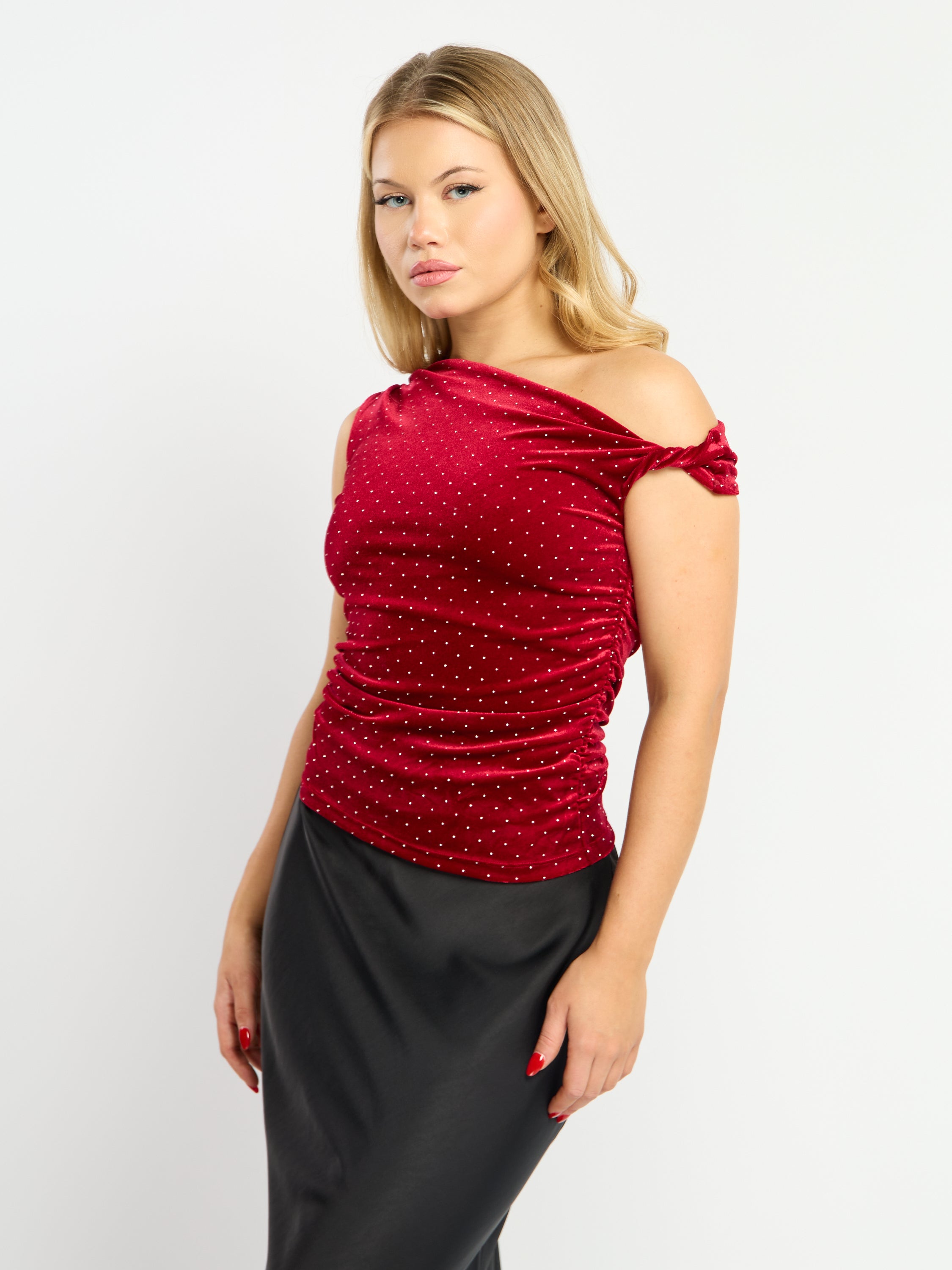 Velvet Rhinestone Ruched Top