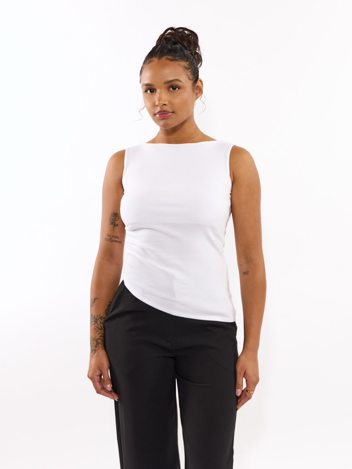 Boat Neck Asymmetrical Sleeveless Knit Top