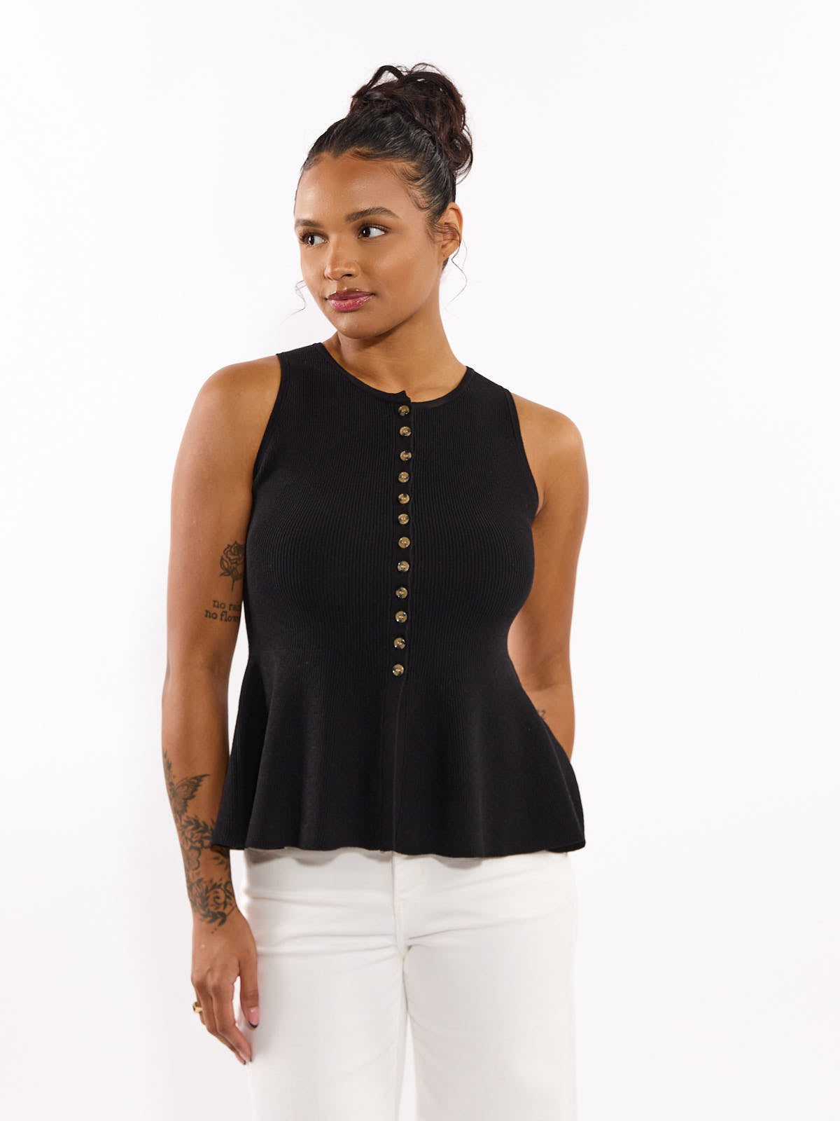 Lucca Button Peplum Sleeveless Knit Top