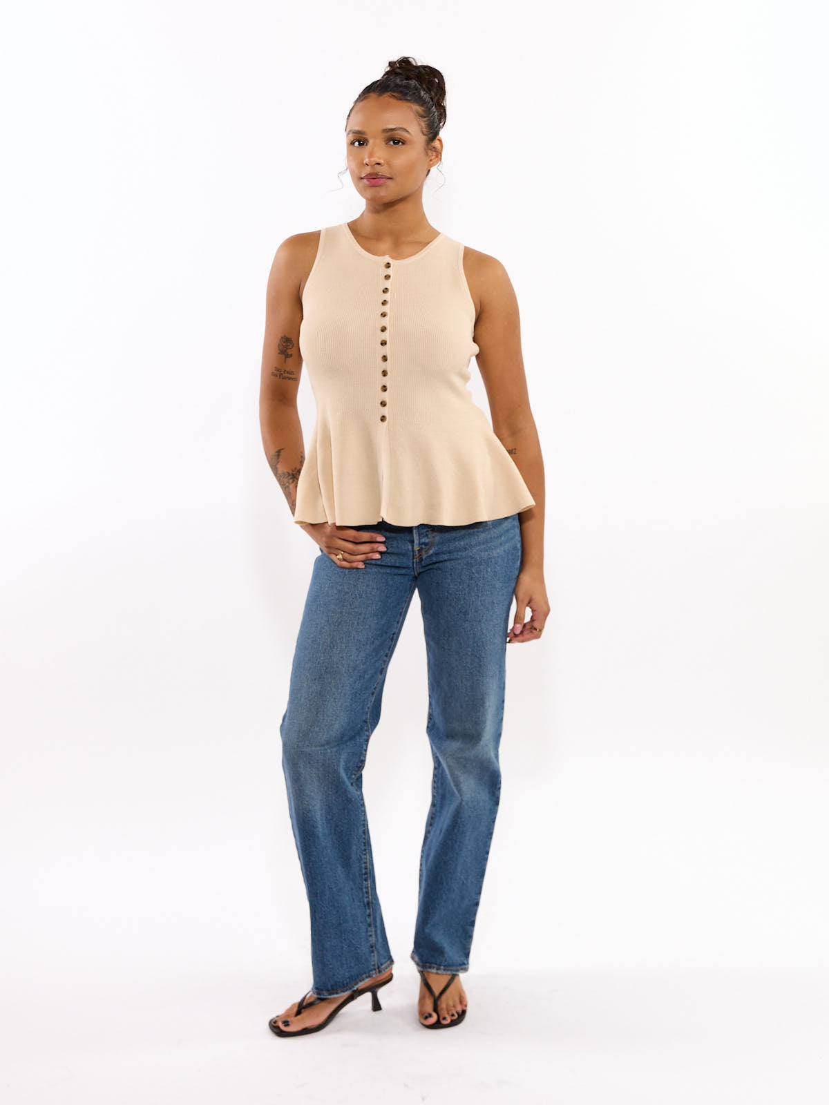 Lucca Button Peplum Sleeveless Knit Top