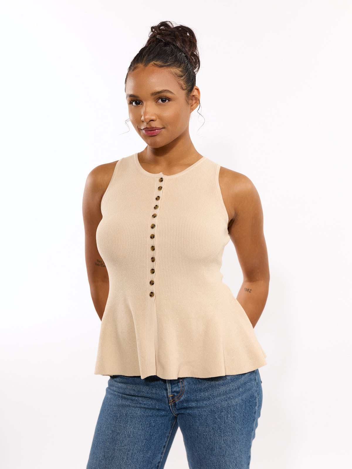 Lucca Button Peplum Sleeveless Knit Top
