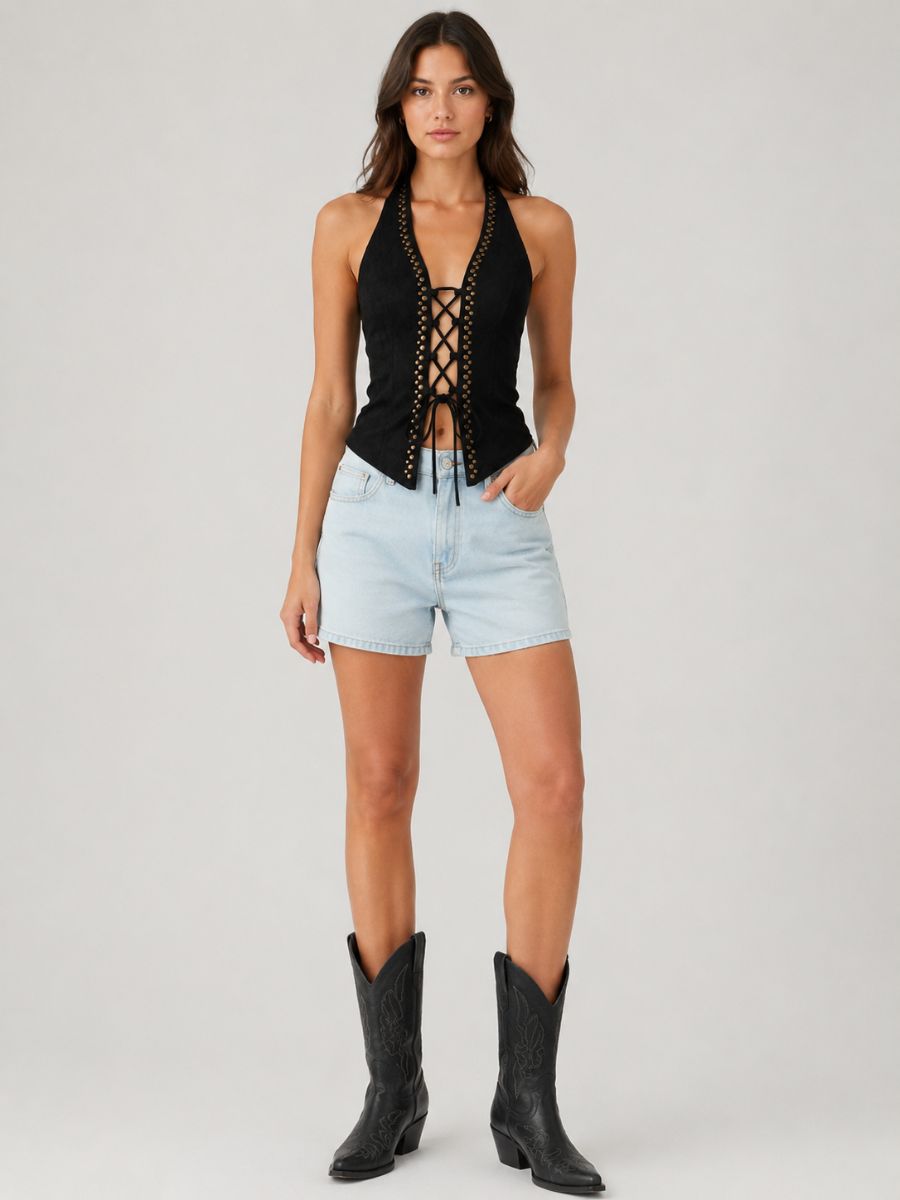 Walker Front Tie Studded Top