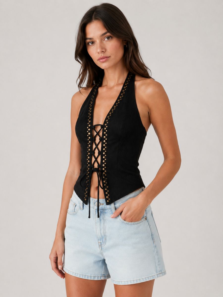 Walker Front Tie Studded Top