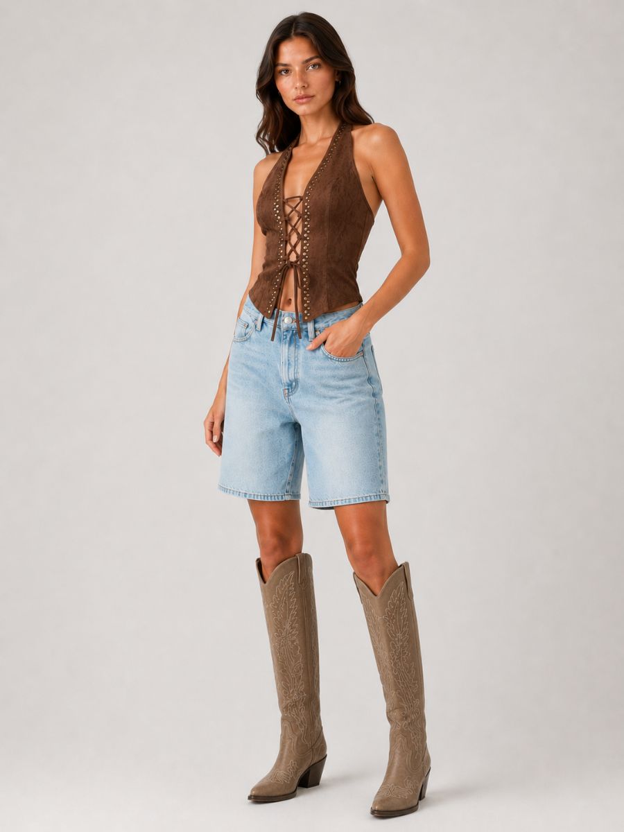 Walker Front Tie Studded Top