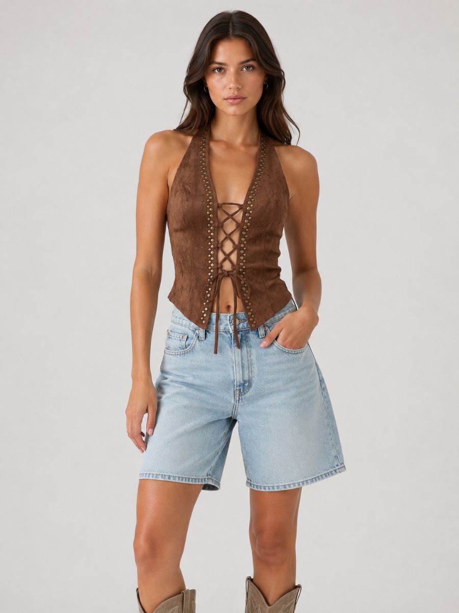Walker Front Tie Studded Top