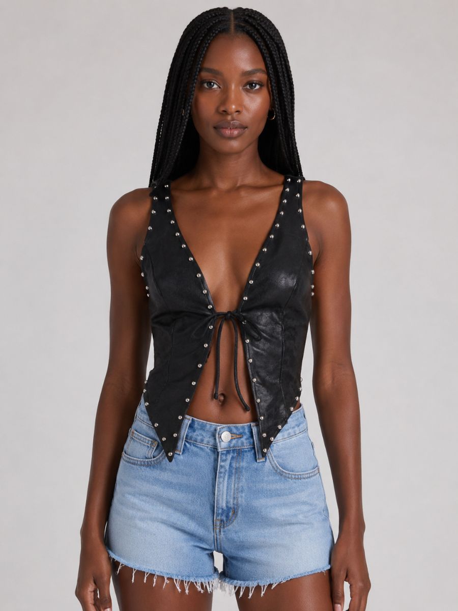 Stamped Studded Halter Mid Tie Top