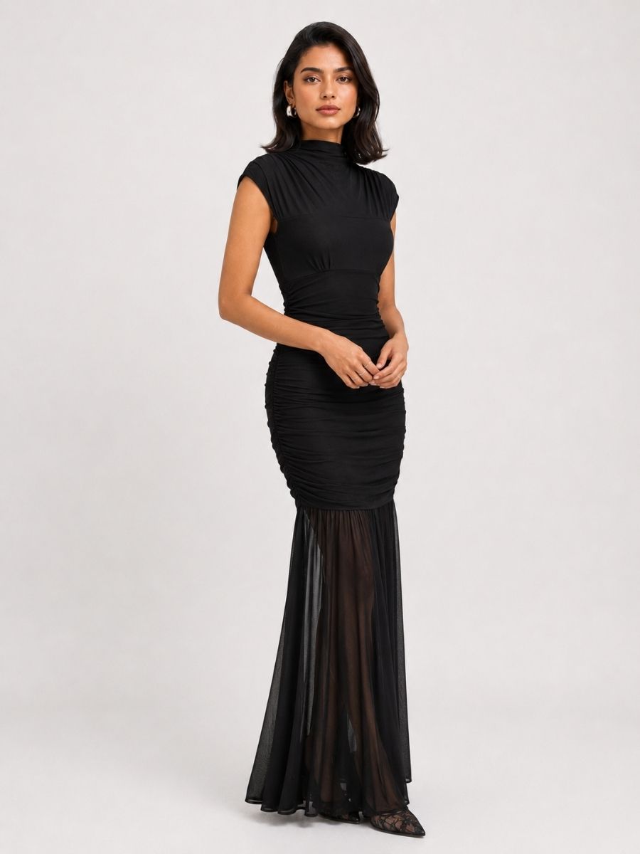 Haven Mock Neck Mesh Dress