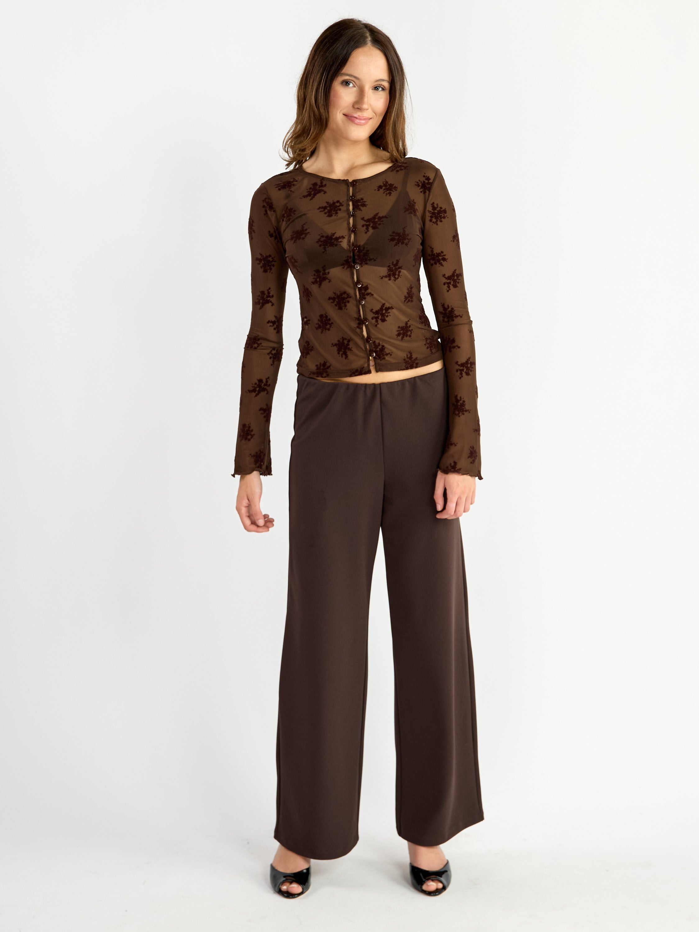 Linette Floral Flocked Mesh Long Sleeve Top