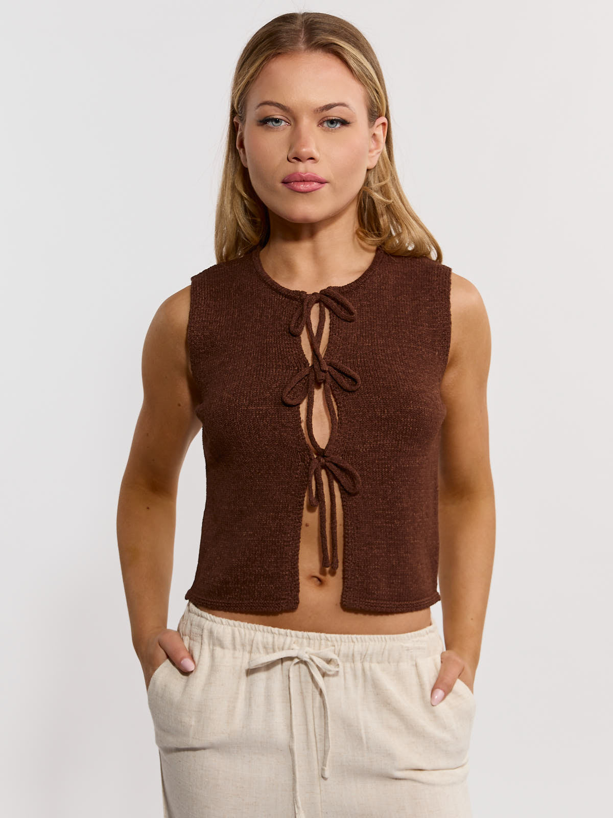 Catie Sleeveless Bow Tie Knit Top